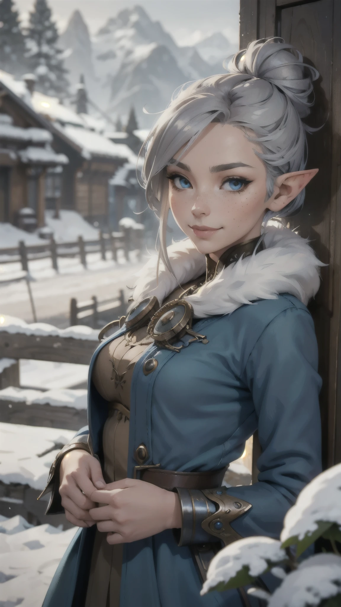 steampunk beautiful elf, silver hair in a messy bun, detailed face, light freckles, smirk, blue brown fur dress, early morning, snowy mountains, depth of field, blurry background
