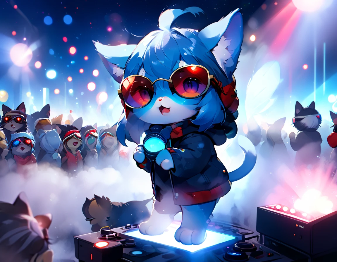 pelziger Anime, Chibi-Stil, Super dynamische Sicht, Fernversuch, Nebel, Lichteffekt, Ultra-HD-Qualität, süßes anthropomorphes Kätzchen, Sonnenbrille, blauer Beanie-Mantel mit rot fluoreszierendem Besatz, wie ein DJ bei einer RAVE-Party, der die pelzige Menge rockt, futuristisches Mischpult, bunte Lichter, Nacht auf freiem Feld, viel Aufregung, Sicht des Publikums,