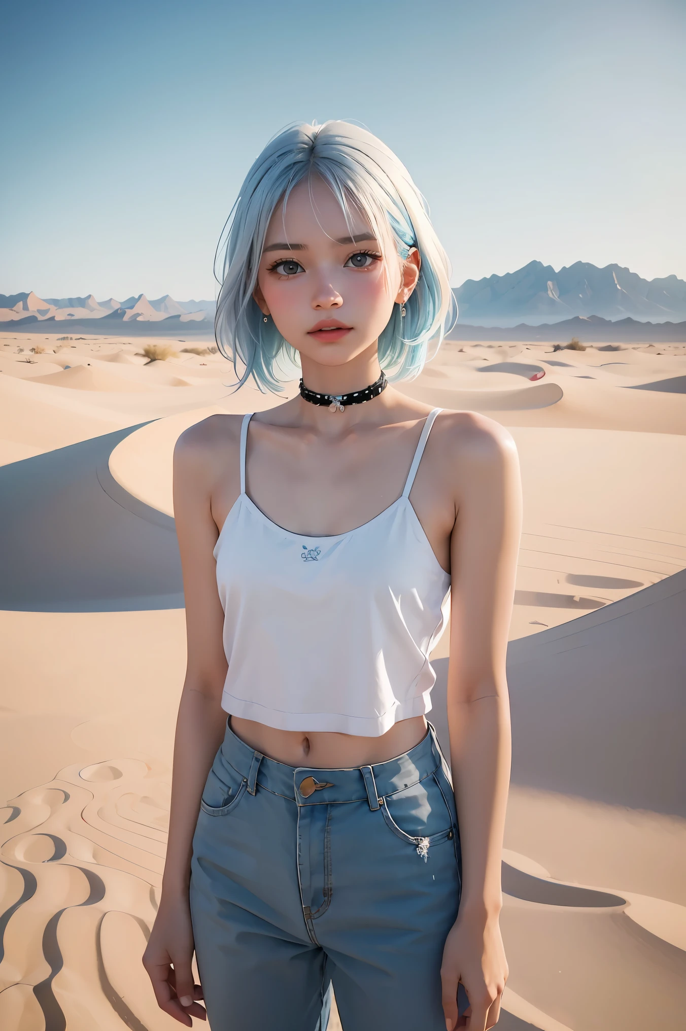 Amplio dibujo de una niña con el pelo blanco nacarado., Mirando hacia adelante, en medio de un escenario de un vasto desierto con oasis que brillan bajo las estrellas, La niña como foco central., Ella debería tener mucho tiempo, cabello azul claro y usa una camiseta sin mangas y pantalones cortos., Además, debería llevar una gargantilla como accesorio, El fondo debe complementar la belleza y el estilo del personaje., (esquizoonda), tal vez con un paisaje sereno y de ensueño, colores pastel suaves, e iluminación sutil para mejorar la estética general