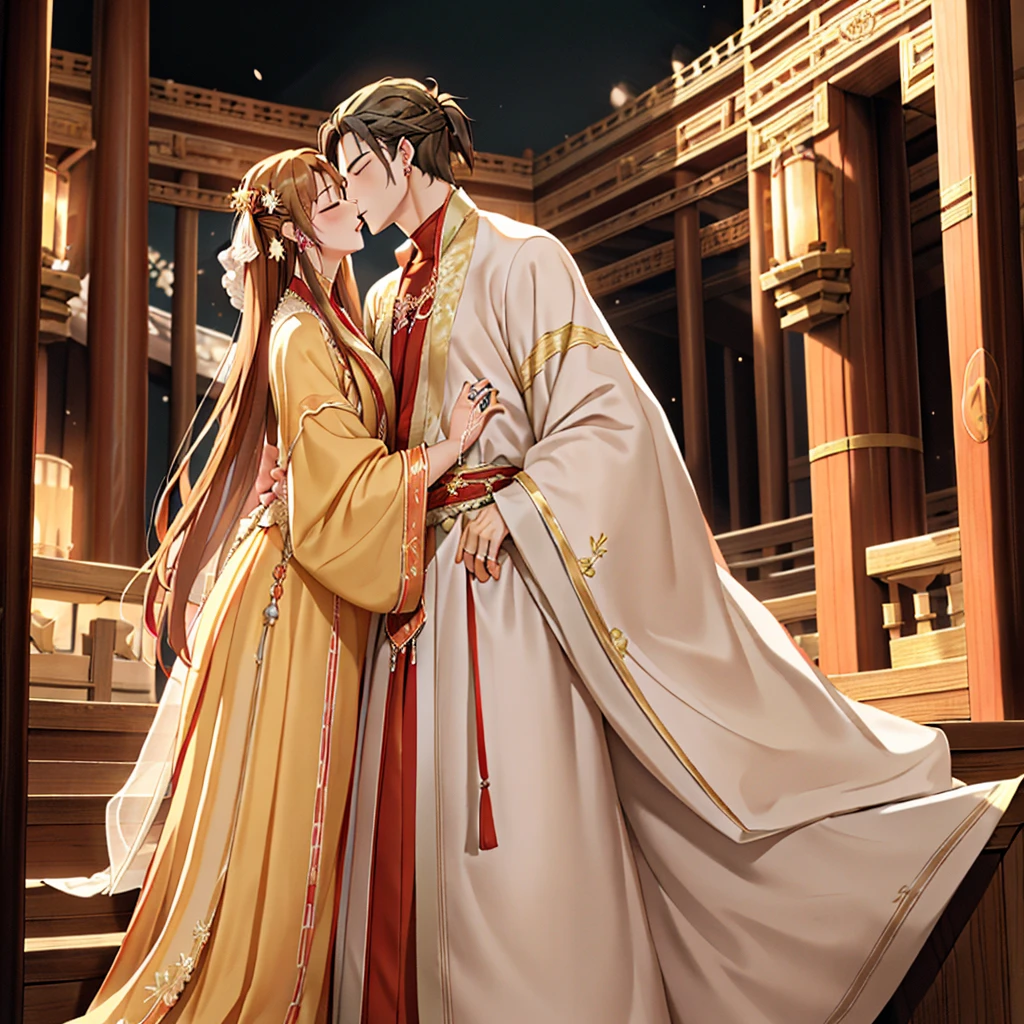 ((highest quality)), ((masterpiece)), (detailed), Perfect Face、Yuuki Asuna、Brown Hair、Hanfu、Gorgeous embroidery、cuddling with a man、((Man and woman get married at the palace))、((A man and a woman kiss each other))、Man and wedding、The woman is in a wedding dress、Woman has a happy face、Gorgeous hair ornament、Earrings、necklace、Bracelet、Luxury accessories、The woman is the empress、The man is the prince、She hugs the man and presses her face against his chest.、Man hugs woman、Man and woman kissing