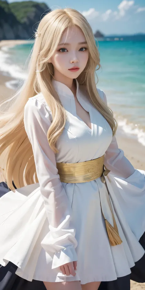 long blond hair、dressed in a white dress、anime girl walking on the beach, anime goddess, kushatt krenz key art womenswear, popul...