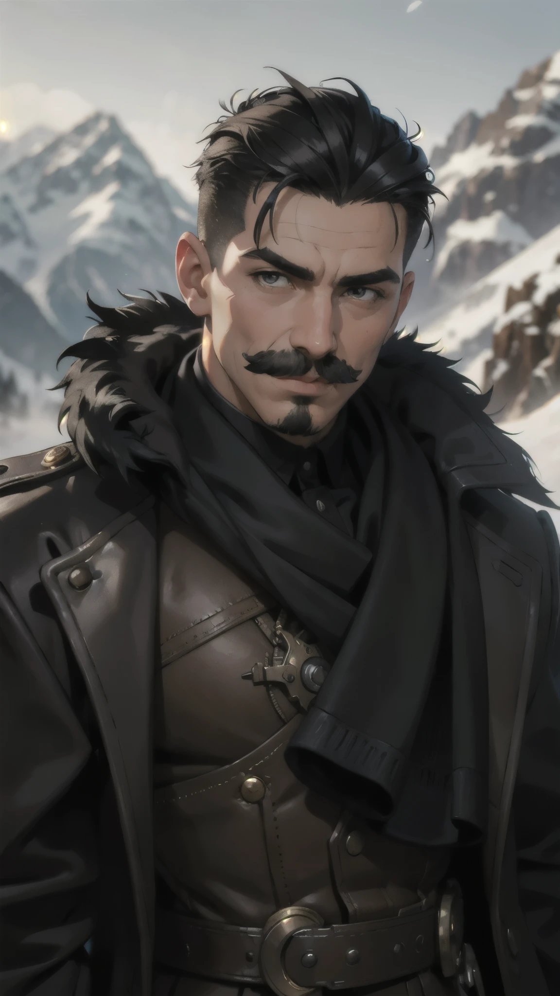 steampunk man, short hair, undercut, mustache, black fur coat, detailed face, early morning, snowy mountains, depth of field, blurry background
