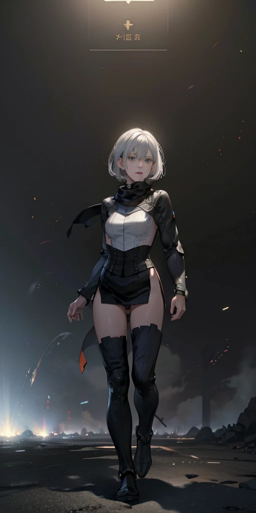 female adventurer white silver short bob hair cut, full body, game art style, (masterpiece), colorful clothing, scarves, leather belts, half skirt over pants and boots, flowing blouse and leather corset, best quality, highres, 4k, 8k, Detailed Illustration, intricate detail, cinematic lighting, amazing quality, 1girl, fit female, amazing shading, soft lighting, facing camera, perfect eyes, gantz suit armor torn apart