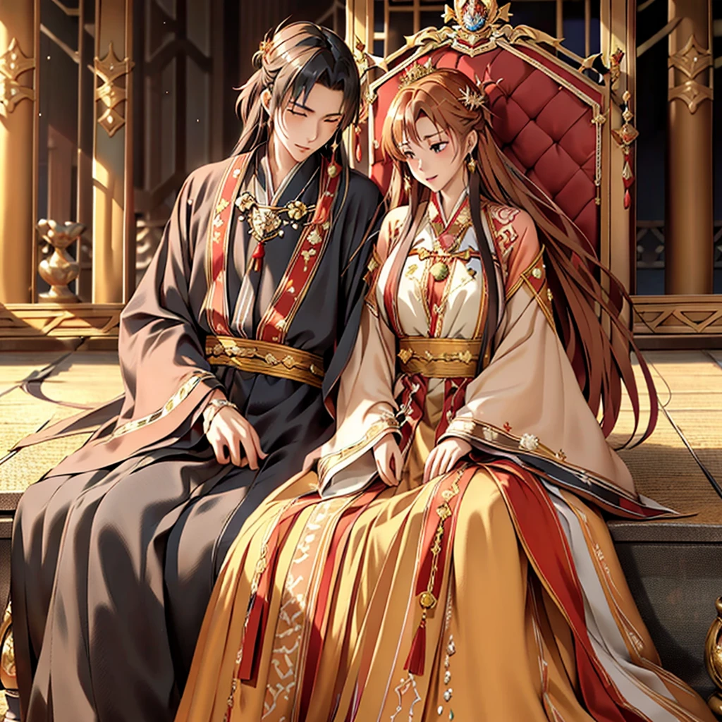 ((highest quality)), ((masterpiece)), (detailed), Perfect Face、Yuuki Asuna、Brown Hair、Hanfu、Gorgeous embroidery、cuddling with a man((Man and woman sit side by side on the palace throne))、Phoenix Crown、The woman is wearing a gorgeous court costume.、Woman has a happy face、Gorgeous hair ornament、Earrings、necklace、Bracelet、Luxury accessories、The woman is the empress、The man is the prince、She hugs the man and presses her face against his chest.、Man hugs woman