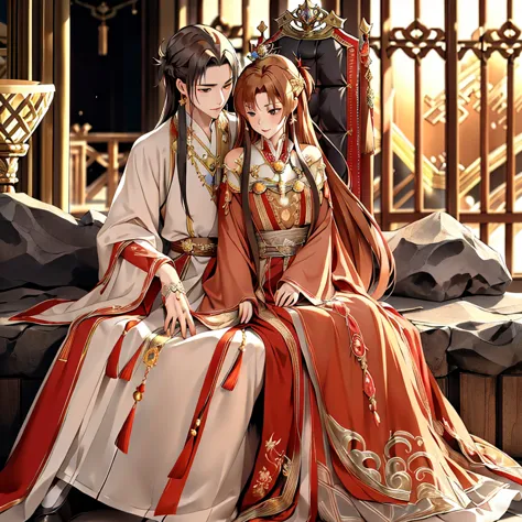 ((highest quality)), ((masterpiece)), (detailed), perfect face、yuuki asuna、brown hair、hanfu、gorgeous embroidery、cuddling with a ...