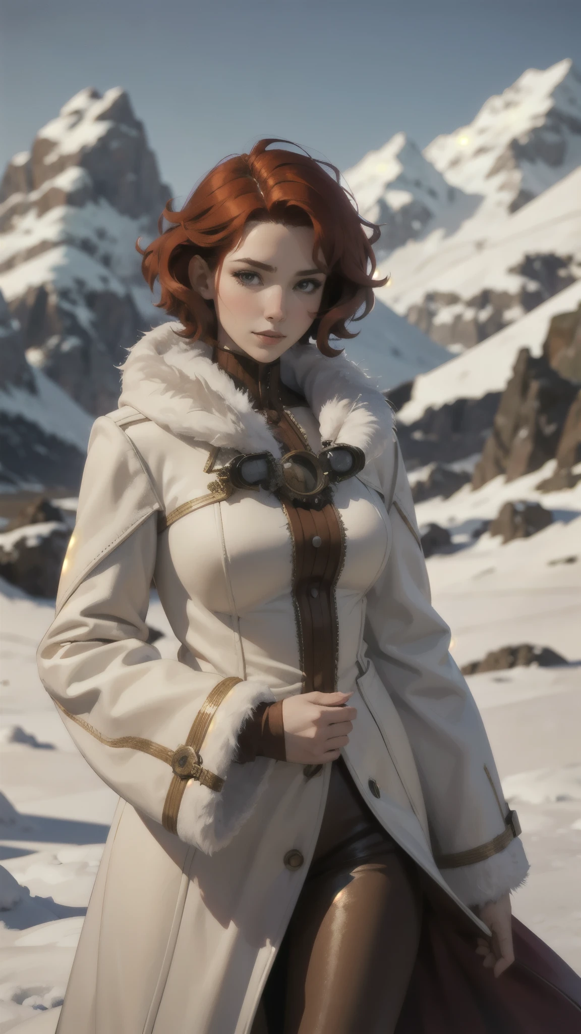 steampunk woman, short curly red hair, white fur coat, detailed face, early morning, snowy mountains, depth of field, blurry background
