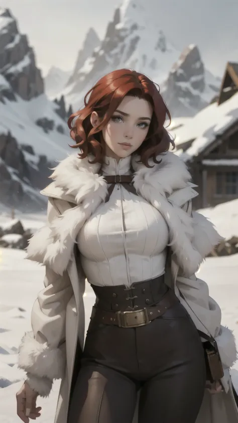 steampunk woman, short curly red hair, white fur coat, detailed face, early morning, snowy mountains, depth of field, blurry bac...