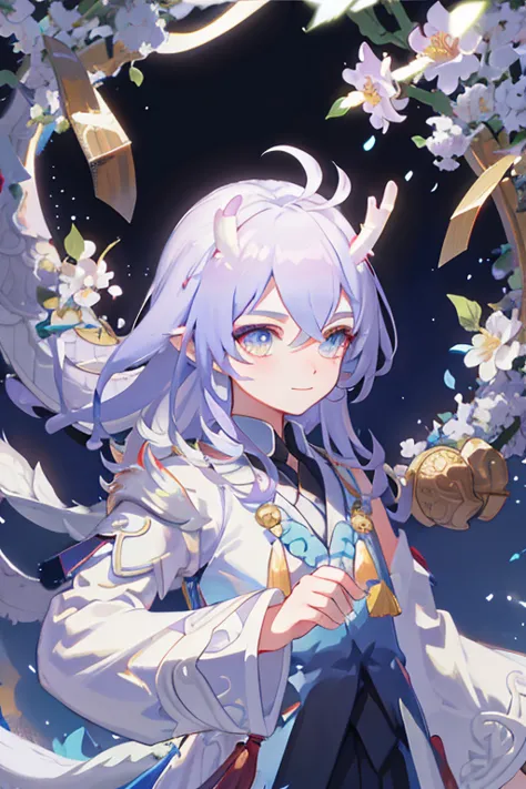 (Masterpiece), (Excellent), (Extremely fine), White dew, Square, spectator, Dragon tail horn, Upper body, Flowers, Streamers, Cl...