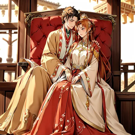 ((highest quality)), ((masterpiece)), (detailed), perfect face、yuuki asuna、brown hair、hanfu、gorgeous embroidery、cuddling with a ...