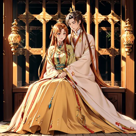 ((highest quality)), ((masterpiece)), (detailed), perfect face、yuuki asuna、brown hair、hanfu、gorgeous embroidery、cuddling with a ...