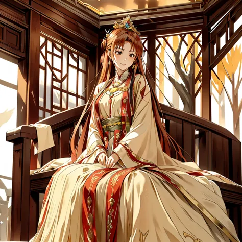 ((highest quality)), ((masterpiece)), (detailed), Perfect Face、Yuuki Asuna、Brown Hair、Hanfu、Gorgeous embroidery、cuddling with a ...