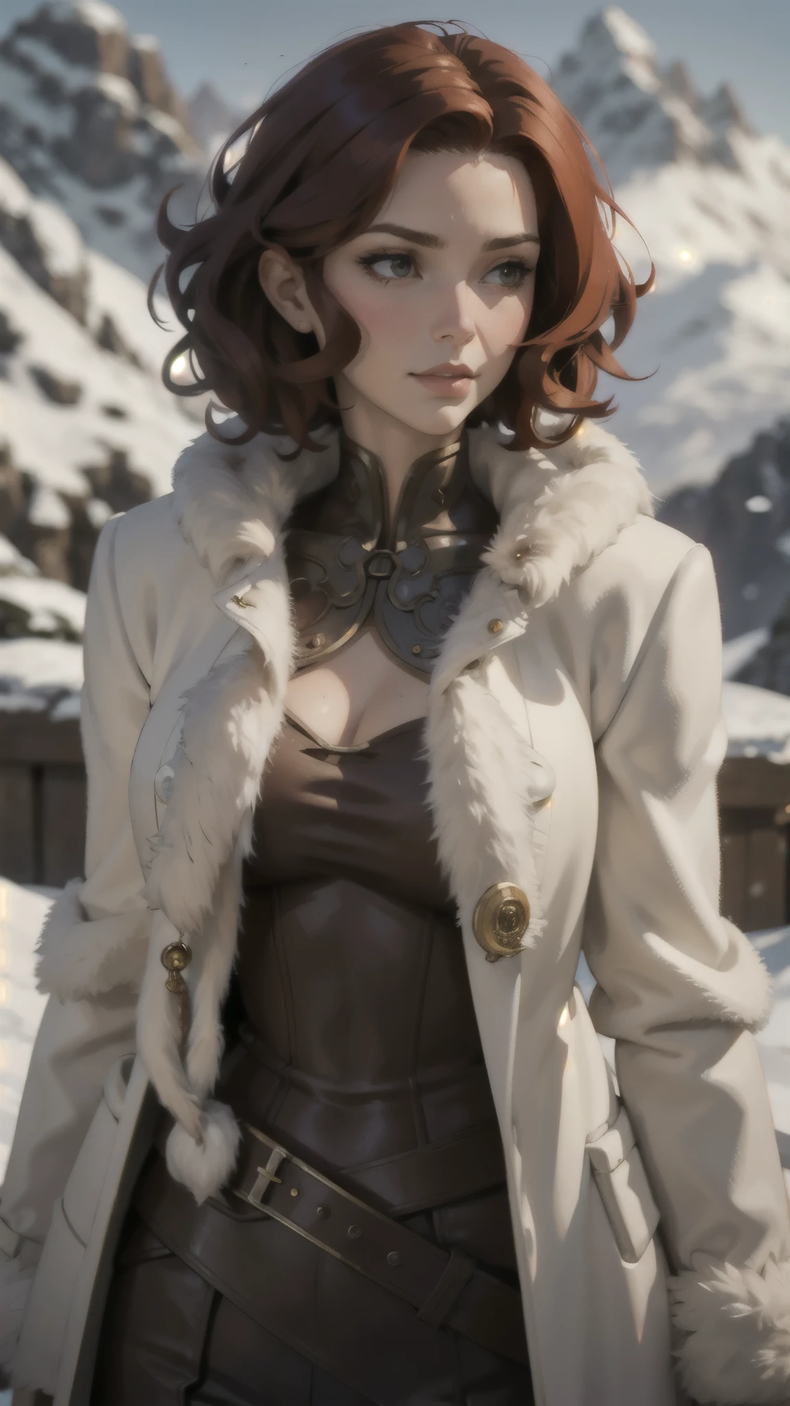 steampunk woman, short curly red hair, ivory fur coat, detailed face, early morning, snowy mountains, depth of field, blurry background
