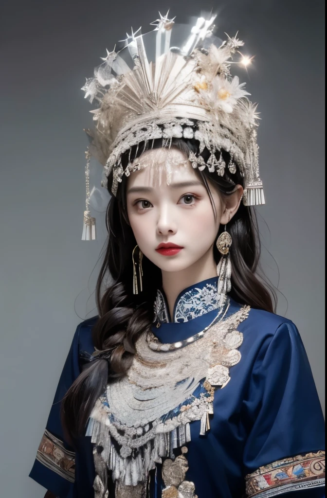 （8k，best quality，masterpiece：1.2），Ultra-high detail，Professional lighting，best quality，Ultra-high resolution，visually stunning，（1 girl：1.1），（Miao costumes and headdresses），Real human skin，（Perfect body 1.9）Super delicate face。whole body