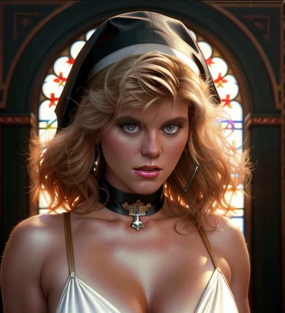 portrait of Ginger Lynn as sexy nun, bible, church, catholic, christian, intricate, headshot, highly detailed, digital painting, artstation, concept art, sharp focus, cinematic lighting, illustration, art by artgerm and greg rutkowski, alphonse mucha, cgsociety