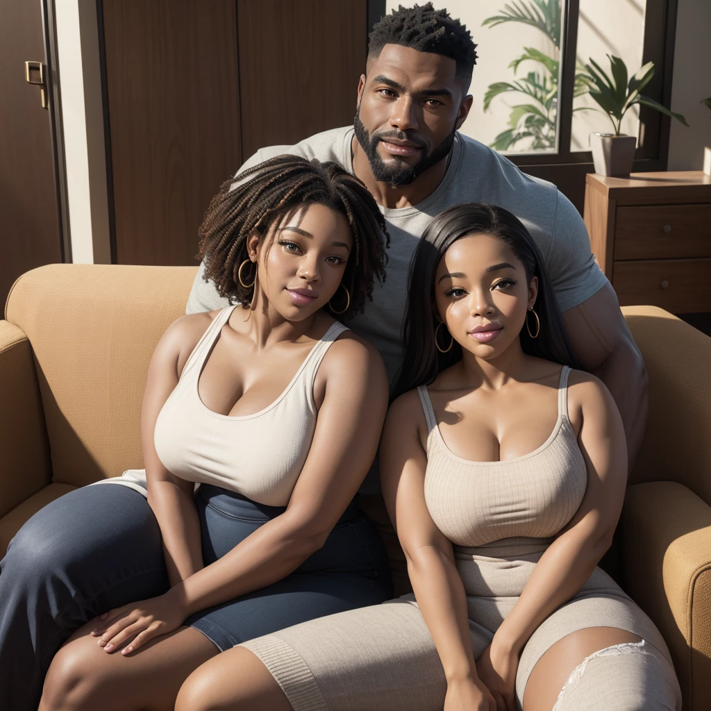 two young biracial busty thicc sisters sitting next to muscular african man with a short beard, couch in a living room, happy, detail portrait shot 8k, high quality portrait, shot on sony a 7 iii, 8k portrait render, 8k photo
