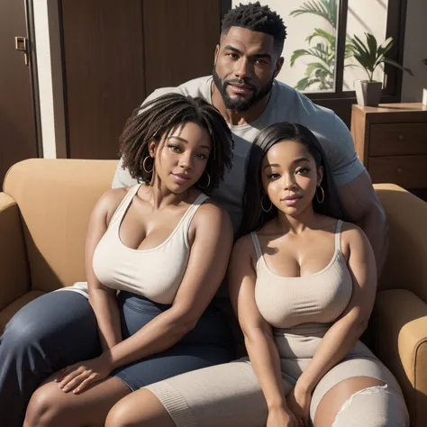 two young biracial busty thicc sisters sitting next to muscular african man with a short beard, couch in a living room, happy, d...