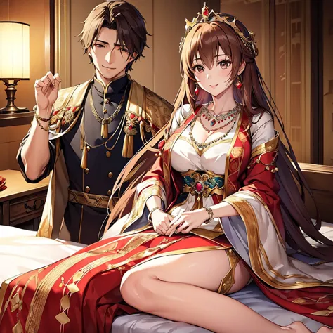 ((highest quality)), ((masterpiece)), (detailed), Perfect Face、Yuuki Asuna、Brown Hair、Hanfu、Gorgeous embroidery、On the bed in th...