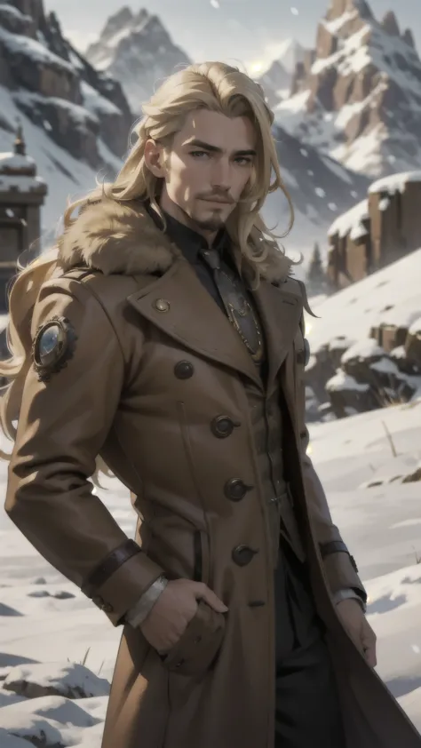 steampunk man, long blonde hair, blonde goatee, brown fur coat, detailed face, early morning, snowy mountains, depth of field, b...