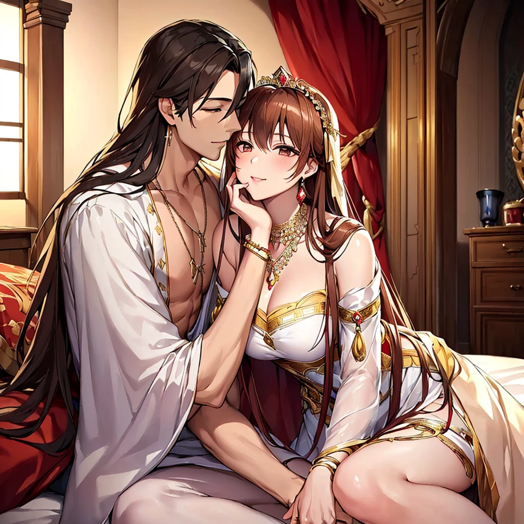 ((highest quality)), ((masterpiece)), (detailed), Perfect Face、Yuuki Asuna、Brown Hair、Hanfu、Gorgeous embroidery、On the bed in the bedroom、((A man and a woman have marital relations on a bed))、A man and a woman are a couple、Gorgeous Phoenix Crown、The woman is wearing a gorgeous court costume.、Woman has a happy face、Gorgeous hair ornament、Earrings、necklace、Bracelet、Luxury accessories、The woman is the empress、The man is the prince、((The woman rubs her cheek against the man&#39;s chest and hugs him.))、（The man puts his hands around the woman&#39;s waist and hugs her）、Man and woman making love in bed