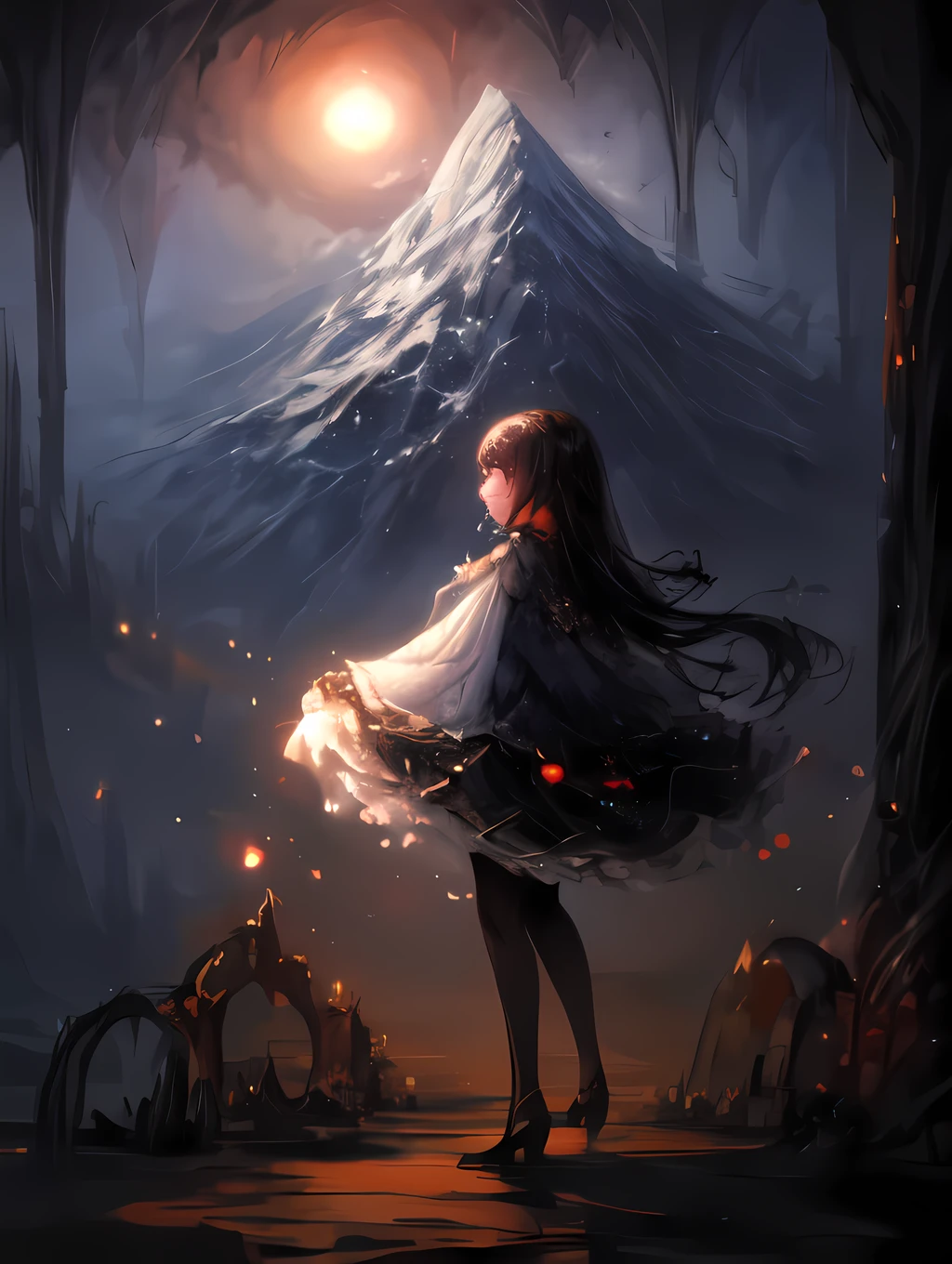 Create a beautiful and mysterious scene of a young girl standing in front of a mountain, gazing into the distance during springtime. The girl should be depicted in full body.