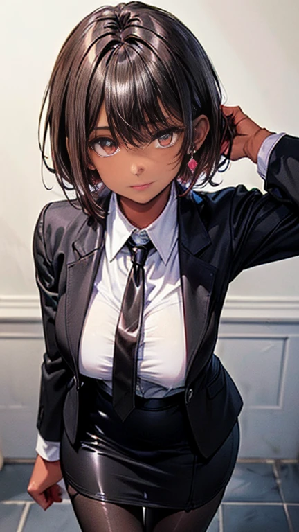 ((highest quality)), ((masterpiece)), (detailed), (Character Focus、breast focus), (One Girl: 1.5)、4k、((Symmetrical facial features)), Anime 2D Rendering, Realistic young anime woman,
Perfect Face, (Anime eyes:1.2、Beautiful fine details、Shining Eyes), Beautiful body, Beautiful thighs, Beautiful feet, ((Dark tanned skin:1.8))、Perfect round butt、 Slightly larger breasts、20-year-old、
Red hair、(Short Perm Hair)、dark red eyes、Earrings、
(Black ribbon tie), (white collar dress shirt), (Black suit jacket:1.4), (black suit vest:1.4)、(Black shiny pencil mini skirt:1.4)、(Black Pantyhose:1.4)、(Black High Heels)
Captivating smile、turn around、garden
