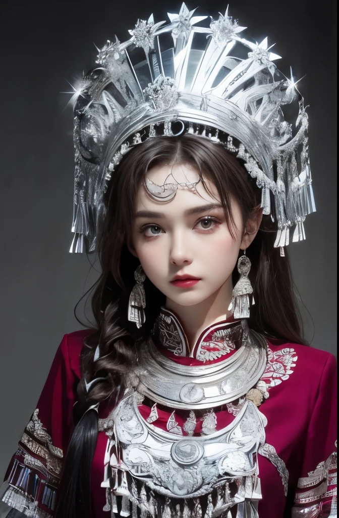 （8k，best quality，masterpiece：1.2），Ultra-high detail，Professional lighting，best quality，Ultra-high resolution，visually stunning，（1 girl：1.1），（Miao costumes and headdresses），Real human skin，（Perfect body 1.9）Super delicate face。whole body