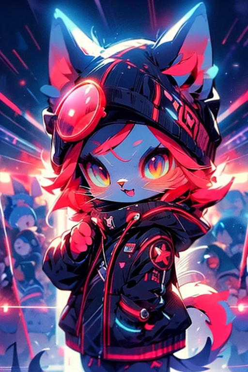 anime peludo, estilo chibi, visión súper dinámica, intento lejano, niebla, efecto de luces, calidad ultra HD, lindo gatito antropomorfo, Gafas de sol, Gorro azul con ribete rojo fluorescente., como un DJ en una fiesta RAVE sacudiendo a una multitud peluda , mesa de mezclas futurista, luces de colores, noche en un campo libre, mucha emoción, Punto de vista de la audiencia,