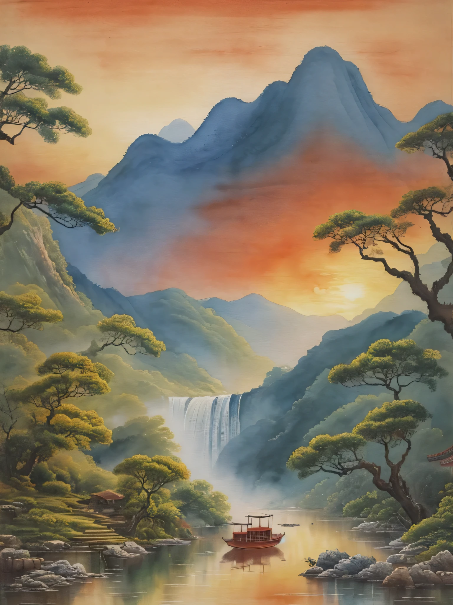 Una pintura de una cascada., un barco en un río, y una puesta de sol, Estilo chino景, estilo acuarela china, Escena oriental, Pintura china de acuarela de paisaje detallada, papel pintado oriental, obra de arte del paisaje, Estilo chino, paisaje japonés,fantasía oriental,32k