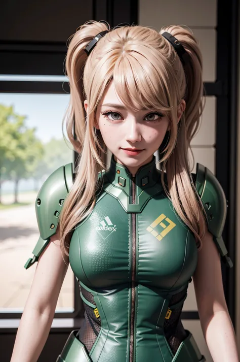 portrait of a beautiful [girl | woman]  junko enoshima wearing green mark IV armor from Halo holding a BR55 battle rifle inside ...