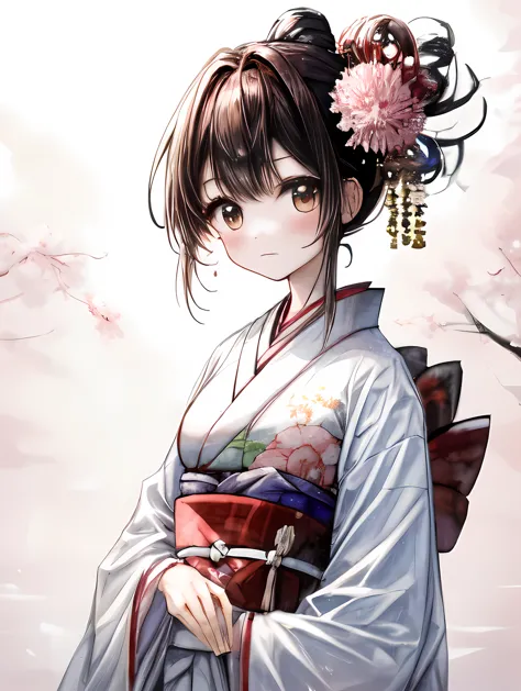 "Create an image of a serene landscape with a young girl wearing a traditional spring kimono, focusing on her bust.