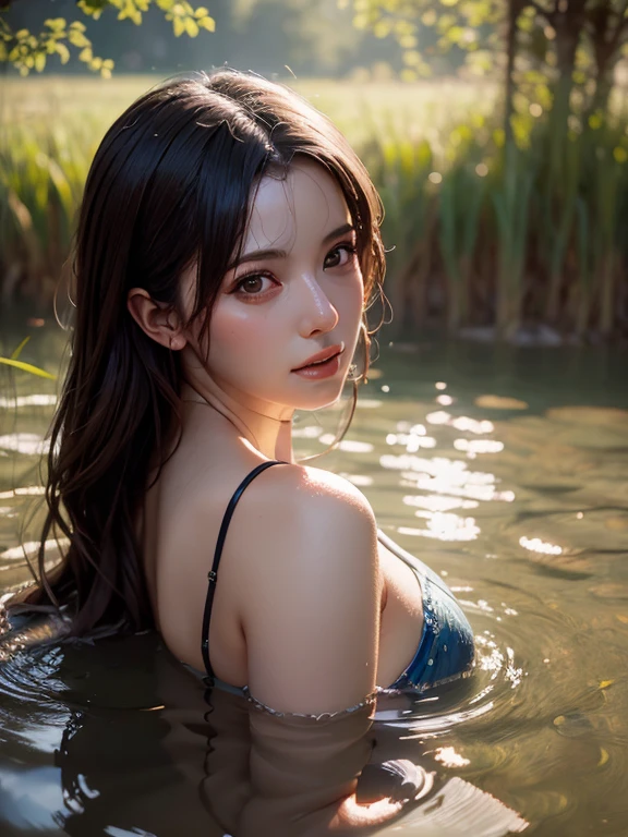 close up portrait of a cute woman (gldot) bathing in a river, reeds, (backlighting), realistic, masterpiece, highest quality, lens flare, shade, bloom, [[chromatic aberration]], by Jeremy Lipking, by Antonio J. Manzanedo, digital painting,