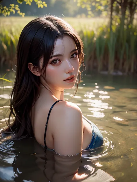 close up portrait of a cute woman (gldot) bathing in a river, reeds, (backlighting), realistic, masterpiece, highest quality, le...