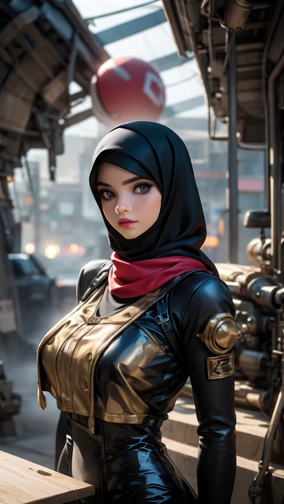 Produce a visually striking 8K AI-generated image of a Malay hijab girl drag racer in his 20s within a steampunk-inspired world. Use photorealism to bring out the racer's personality and determination, while also infusing the image with the intricate and imaginative details of a steampunk setting. Apply depth of field to create a captivating composition that immerses the viewer in the racer's world.