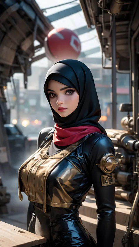 Produce a visually striking 8K AI-generated image of a Malay hijab girl drag racer in his 20s within a steampunk-inspired world....