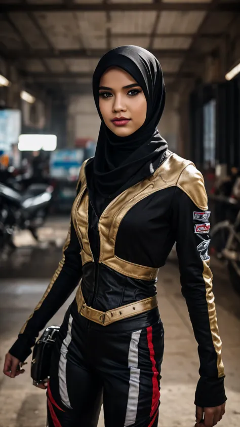 Produce a visually striking 8K AI-generated image of a Malay hijab girl drag racer in his 20s within a steampunk-inspired world....