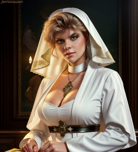 portrait of Ginger Lynn as sexy nun, bible, church, catholic, christian, intricate, headshot, highly detailed, digital painting, artstation, concept art, sharp focus, cinematic lighting, illustration, art by artgerm and greg rutkowski, alphonse mucha, cgsociety, ((nun dress))