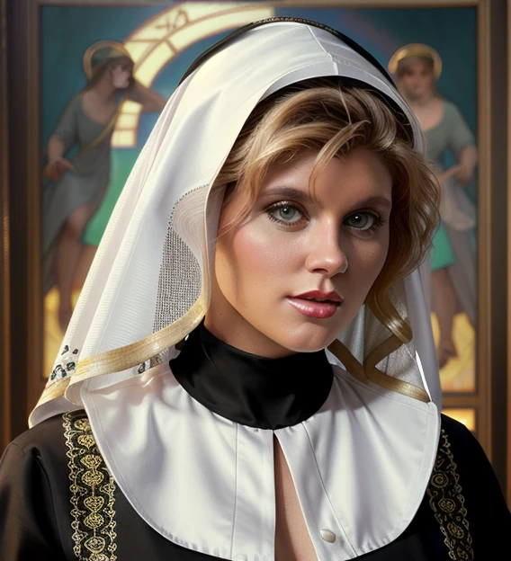 portrait of Ginger Lynn as sexy nun, bible, church, catholic, christian, intricate, headshot, highly detailed, digital painting, artstation, concept art, sharp focus, cinematic lighting, illustration, art by artgerm and greg rutkowski, alphonse mucha, cgsociety, ((nun dress))