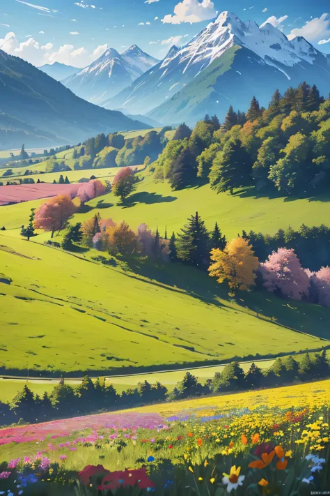 ((highres, best quality, 16k, masterpiece, resolution)), (a field full of flowers and trees. At a distance there is mountain.), ...