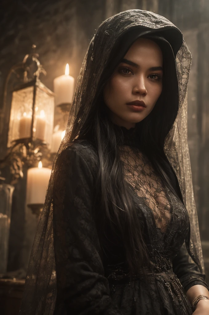 Сделайте завораживающе красивый портрет малайской женщины в готическом стиле.,белые длинные волосы, черное кружевное платье с вуалью, действие происходит в загадочном и жутком особняке, где свет свечей отбрасывает жуткие тени, создание атмосферы темноты, готический ужас.