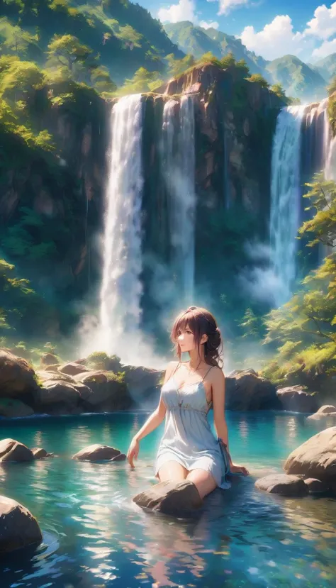 A very beautiful girl, happily bathing next to a clear and cool waterfall. Rosa Haut, blaue Augen, dunkle Haare, detailliertes G...