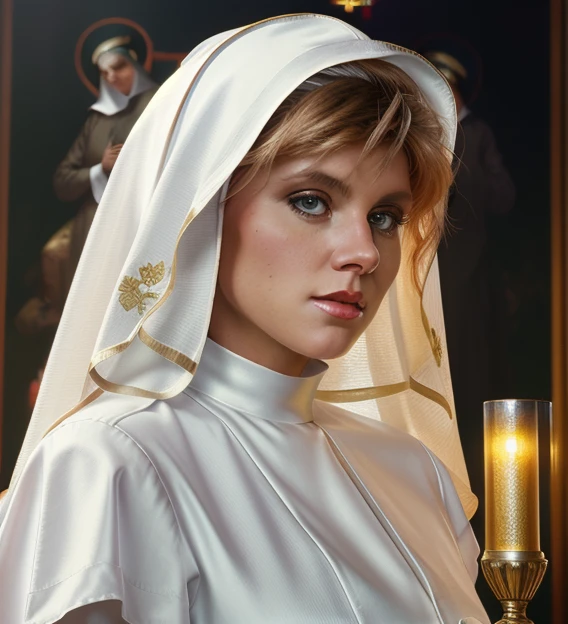 portrait of Ginger Lynn as sexy nun, bible, church, catholic, christian, intricate, headshot, highly detailed, digital painting, artstation, concept art, sharp focus, cinematic lighting, illustration, art by artgerm and greg rutkowski, alphonse mucha, cgsociety, ((nun dress)), innocent look, very sexy, shy