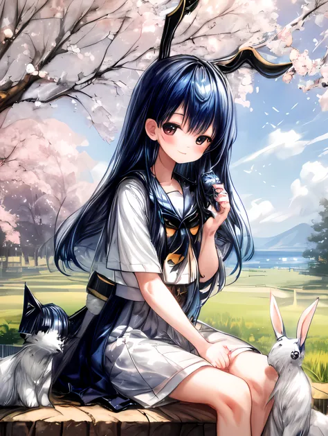 A  girl with navy blue hair playing with rabbits in a peaceful spring landscape.