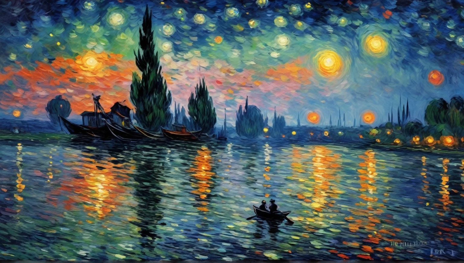 noche de verano，cielo estrellado，luz oscura,estilo monet, alta calidad