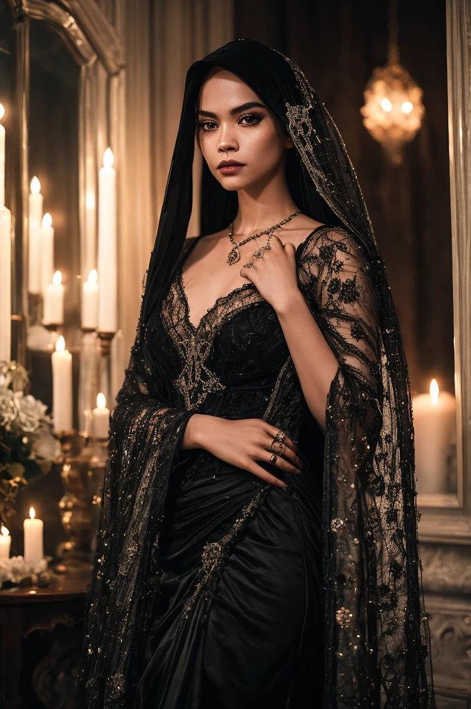 Nehmen Sie ein eindringlich schönes Porträt der malaiischen Frau in einem gotisch inspirierten,weiße lange Haare, schwarzes Spitzenkleid mit Schleier, In einem mysteriösen und unheimlichen Herrenhaus, wo Kerzenlicht unheimliche Schatten wirft, Schaffung einer düsteren Atmosphäre, Gothic-Horror.