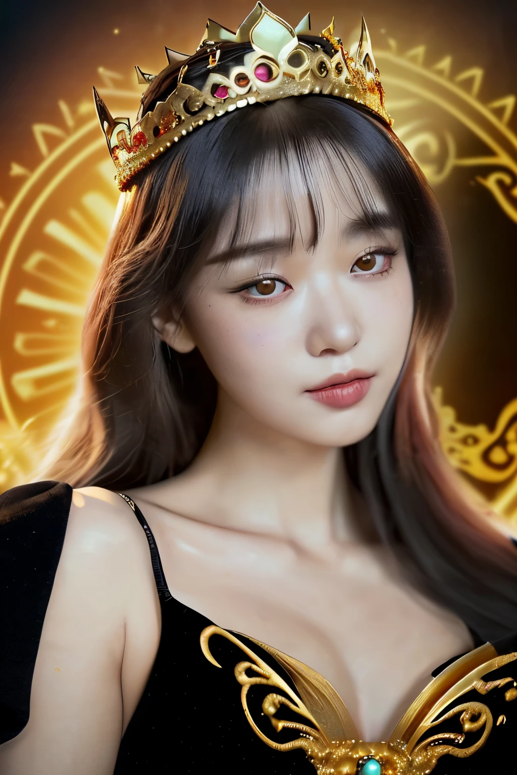 a woman in a black dress Wearing a gold crown on her head, beautiful fantasy empress, Golden lotus princess, Portrait of the Queen of Light, ((beautiful fantasy empress)), Japanese goddess, unreal engine rendering + goddess, Wallop and Lost Run, Gold crown and filament, empress of china, fantasy photography, Highly detailed shot of the goddess, Wearing a gold crown