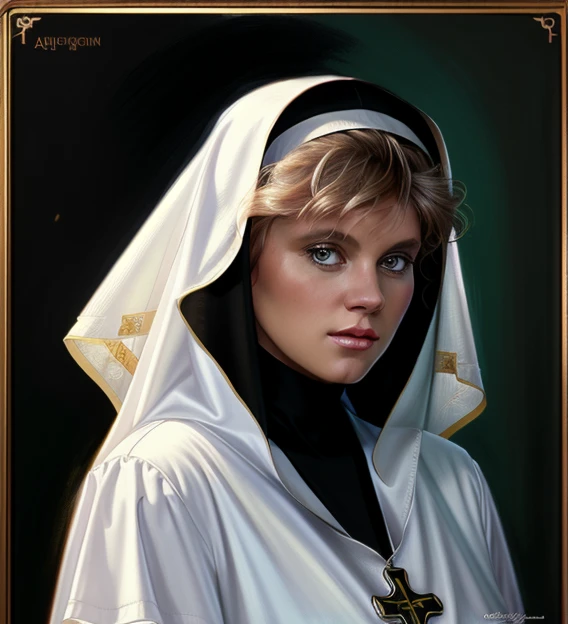 portrait of Ginger Lynn as holy nun, bible, church, catholic, christian, intricate, headshot, highly detailed, digital painting, artstation, concept art, sharp focus, cinematic lighting, illustration, art by artgerm and greg rutkowski, alphonse mucha, cgsociety, ((black nun dress)), innocent look, shy, looking at a man