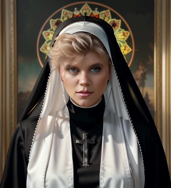 retrato de Ginger Lynn como freira sagrada, Bíblia, igreja, católico, cristão, Intrincado, Tiros na Cabeça, Altamente detalhado, pintura digital, estação de arte, arte conceitual, foco nitído, iluminação cinematográfica, ilustração, arte de artgerm e greg rutkowski, Alphonse Mucha, sociedade cg, ((Vestido preto da freira)), olhar inocente, tímido, olhando para um homem