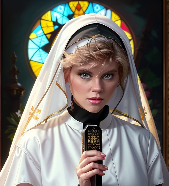 Retrato de Ginger Lynn como monja santa, Biblia, iglesia, católico, cristiano, Intrincado, disparo a la cabeza, muy detallado, pintura digital, estación de arte, Arte conceptual, enfoque nítido, iluminación cinematográfica, ilustración, arte de artgerm y greg rutkowski, alphonse mucha, sociedadcg, ((vestido de monja negro)), mirada inocente, tímido, mirando a un hombre