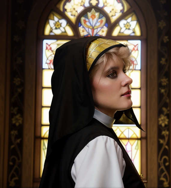 portrait of Ginger Lynn as holy nun, bible, church, catholic, christian, intricate, headshot, highly detailed, digital painting, artstation, concept art, sharp focus, cinematic lighting, illustration, art by artgerm and greg rutkowski, alphonse mucha, cgsociety, ((black nun dress)), innocent look, shy, looking at a man