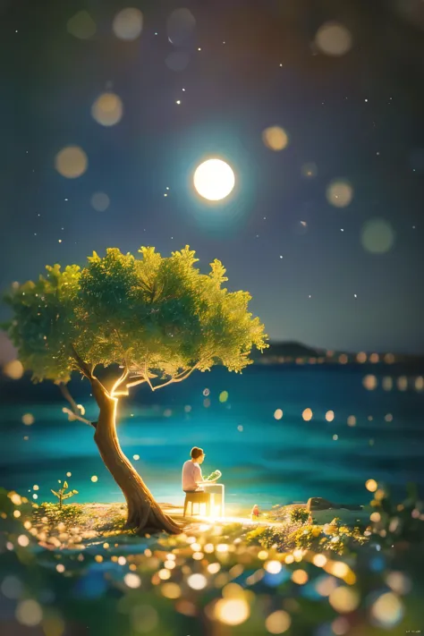 Romantic Aegean Sea, (French Riviera: 1.3), night, backlight, (1 couple sitting on a tree branch, French Riviera: 1.4), with a big full moon behind, Alexandria, repetition, fresh colors, pastel colors, diode lights, conceptual art style, extremely intricat...